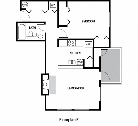 Floor plan for 1 bed, 1 bath, 615 sqft